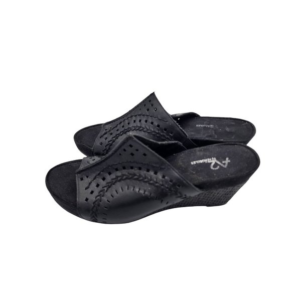 Aerosoles A3 Womens Size 7 Wedge Slip on Shoes Mule Faux Leather Peep Toe Sandal - Picture 2 of 8